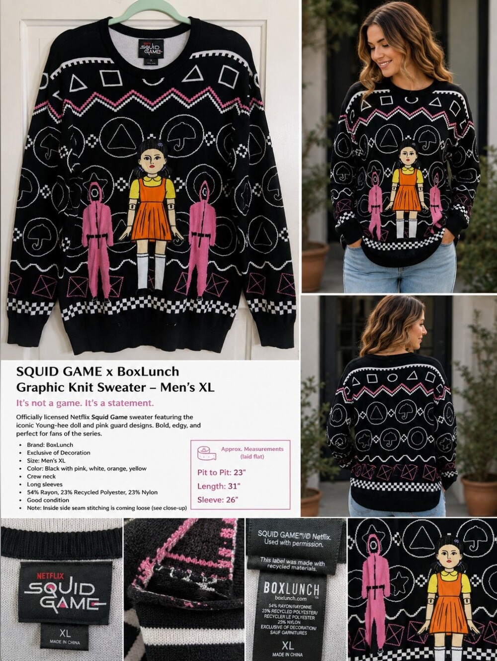 🖤 Squid Game x BoxLunch Young-Hee Graphic Knit Sweater Men’s XL